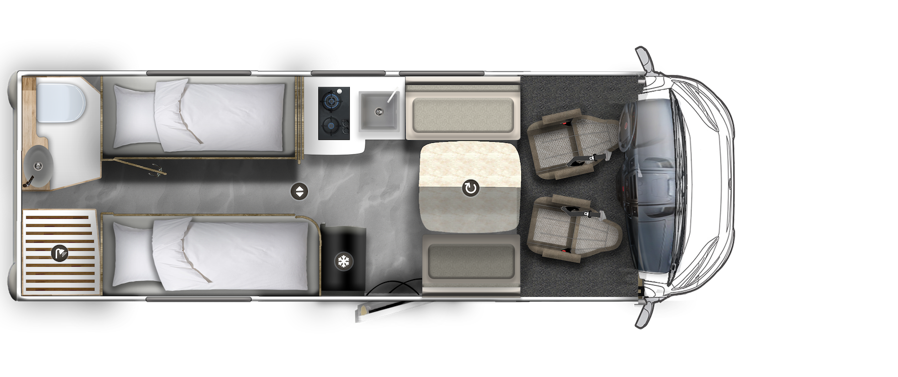 Floor plan of a motorhome.