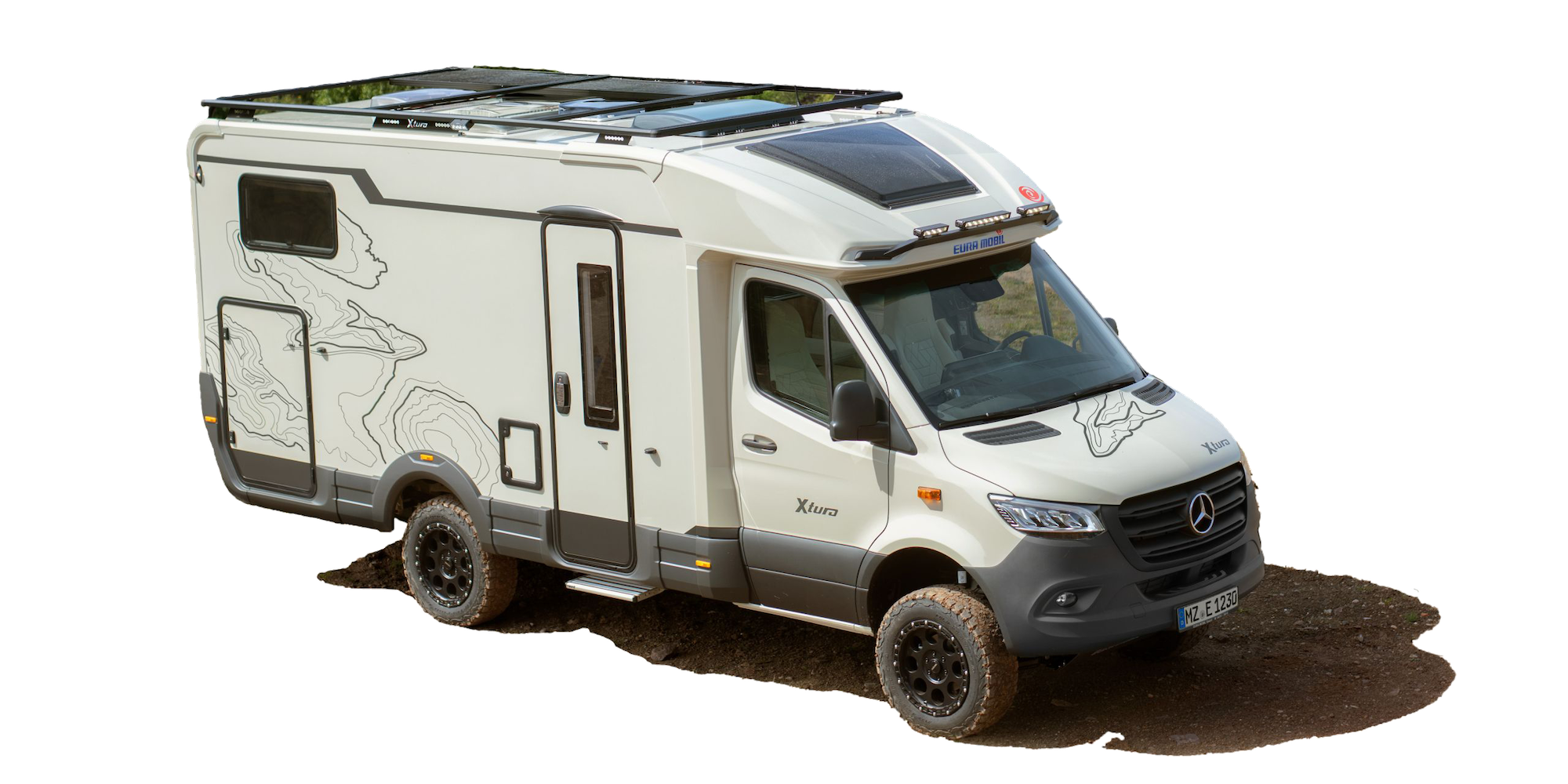 Full view of the Xtura, white motorhome, side view.